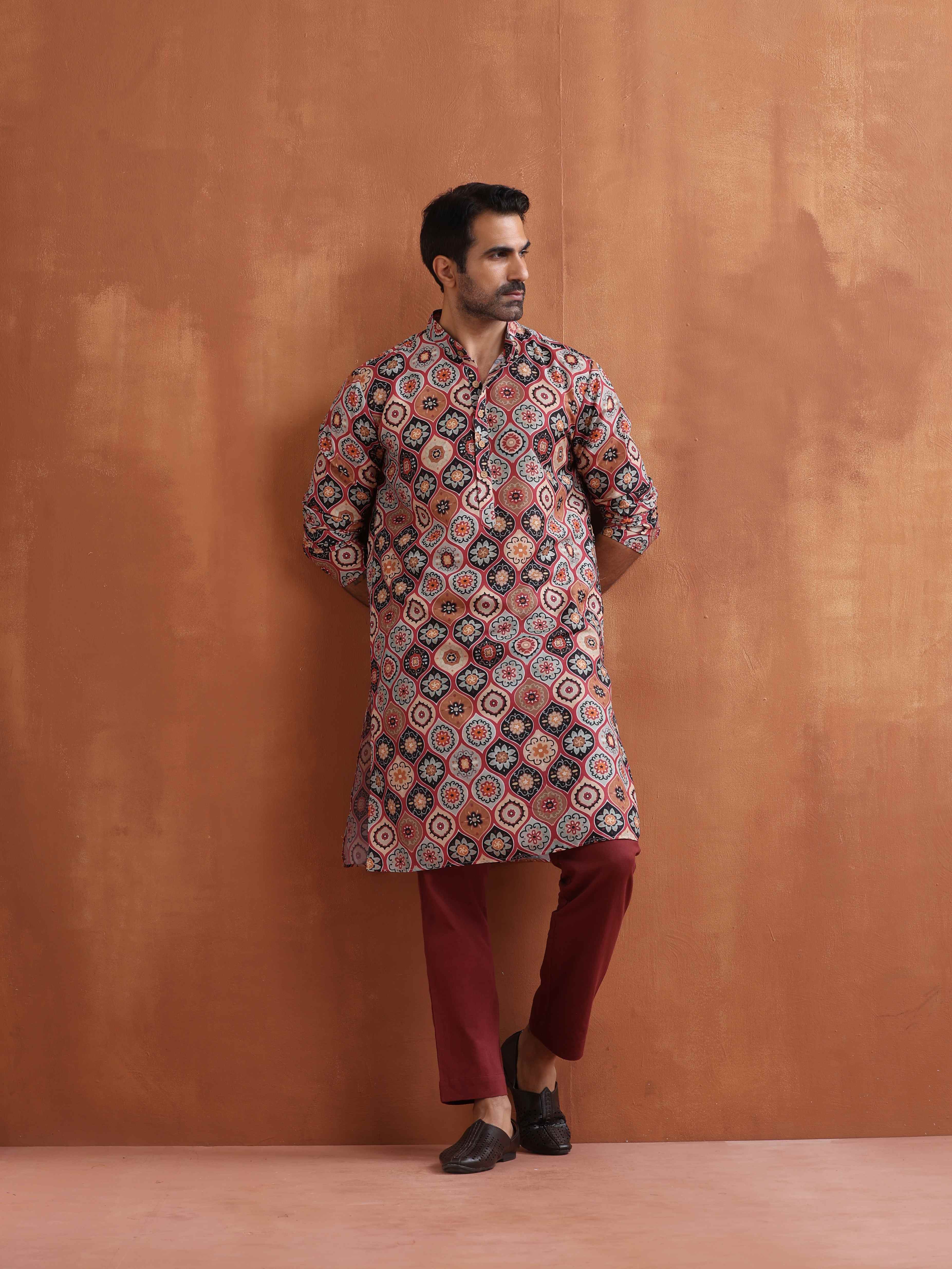 trueBrowns Men's Rust Geometric Printed Kurta - Distacart