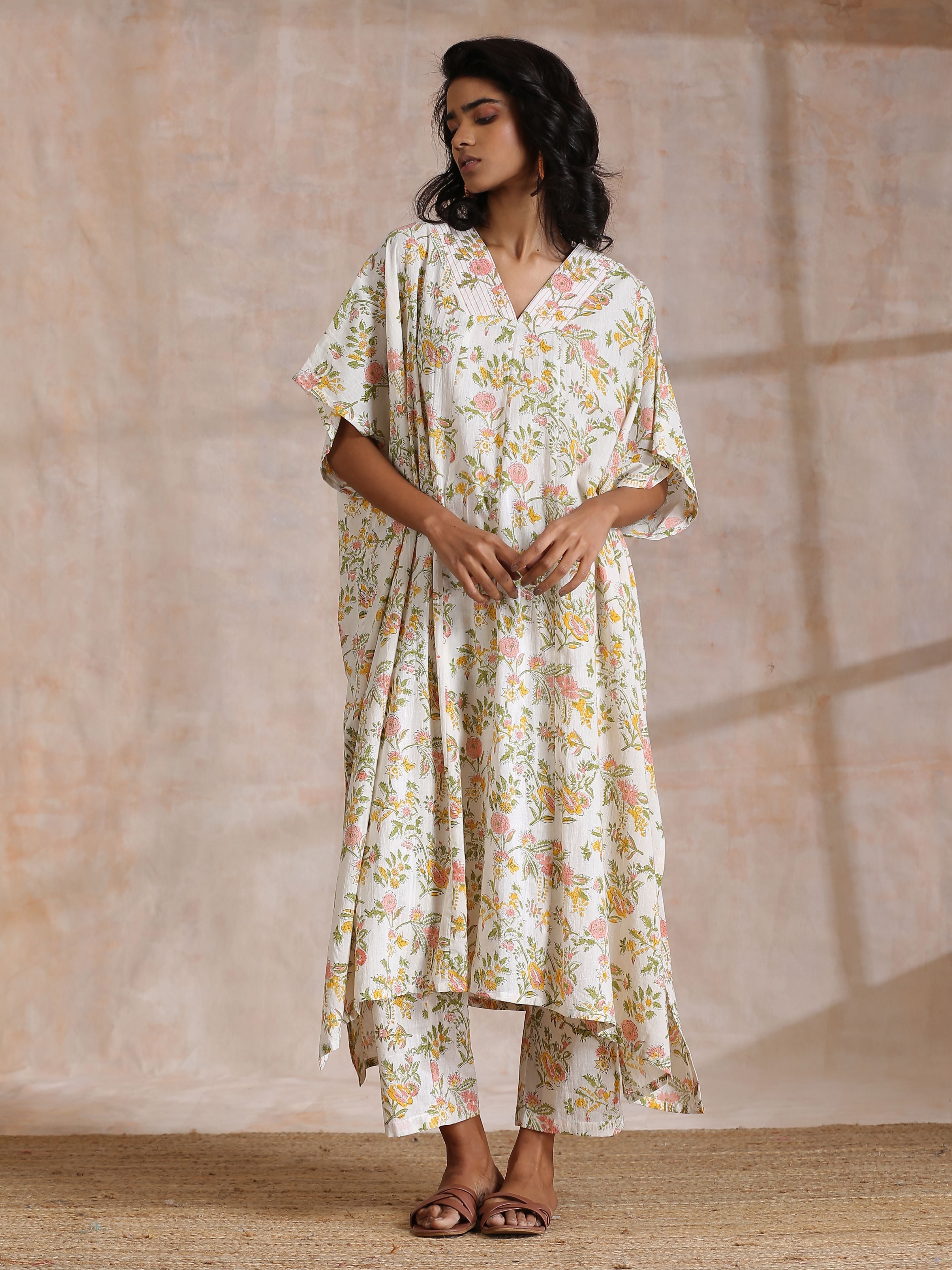 trueBrowns Pink Yellow Floral On White Block Print Cotton Panel Kaftan Kurta Pant Set - Distacart