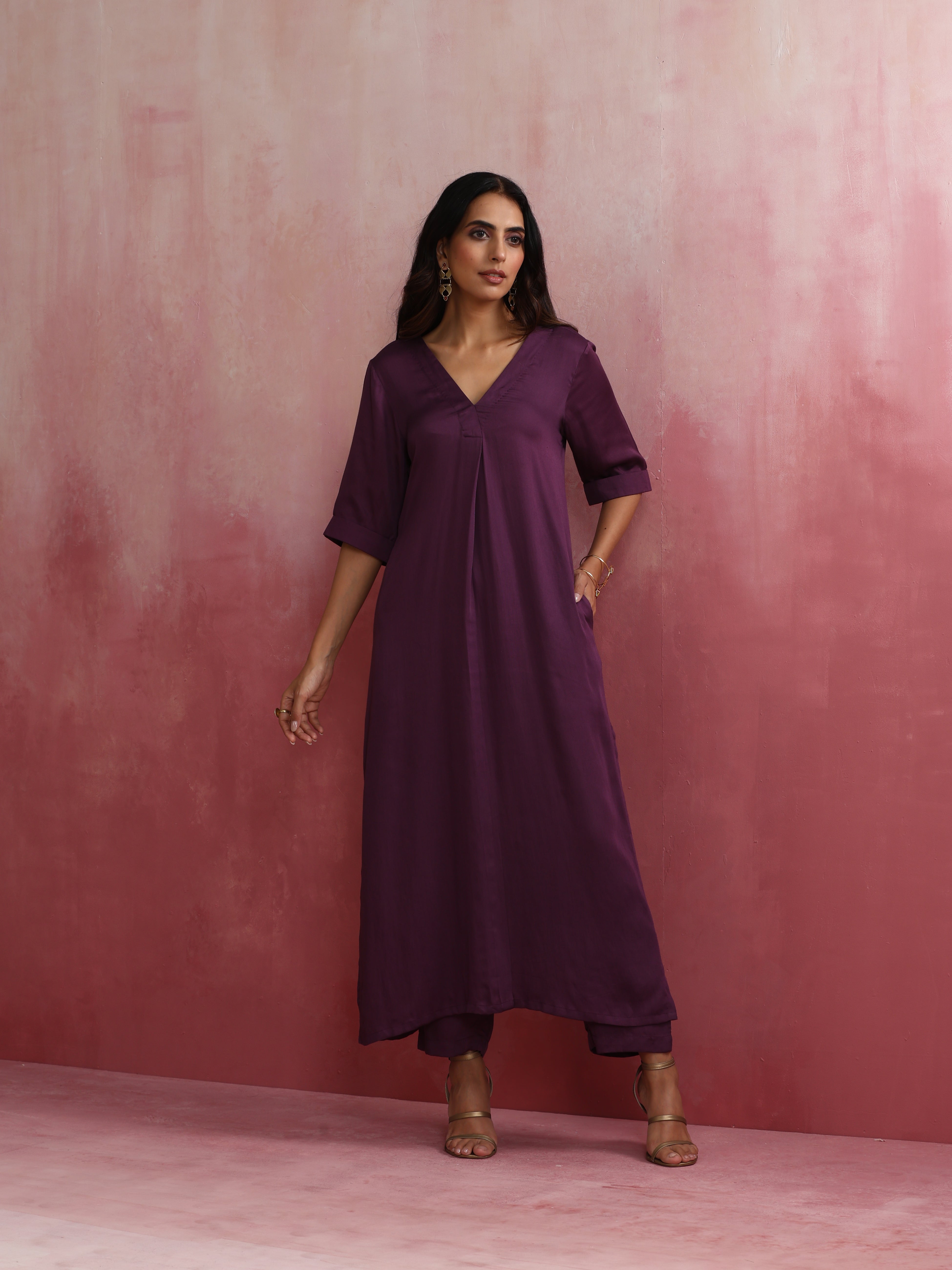 trueBrowns Purple Modal Pleated Kurta Set - Distacart