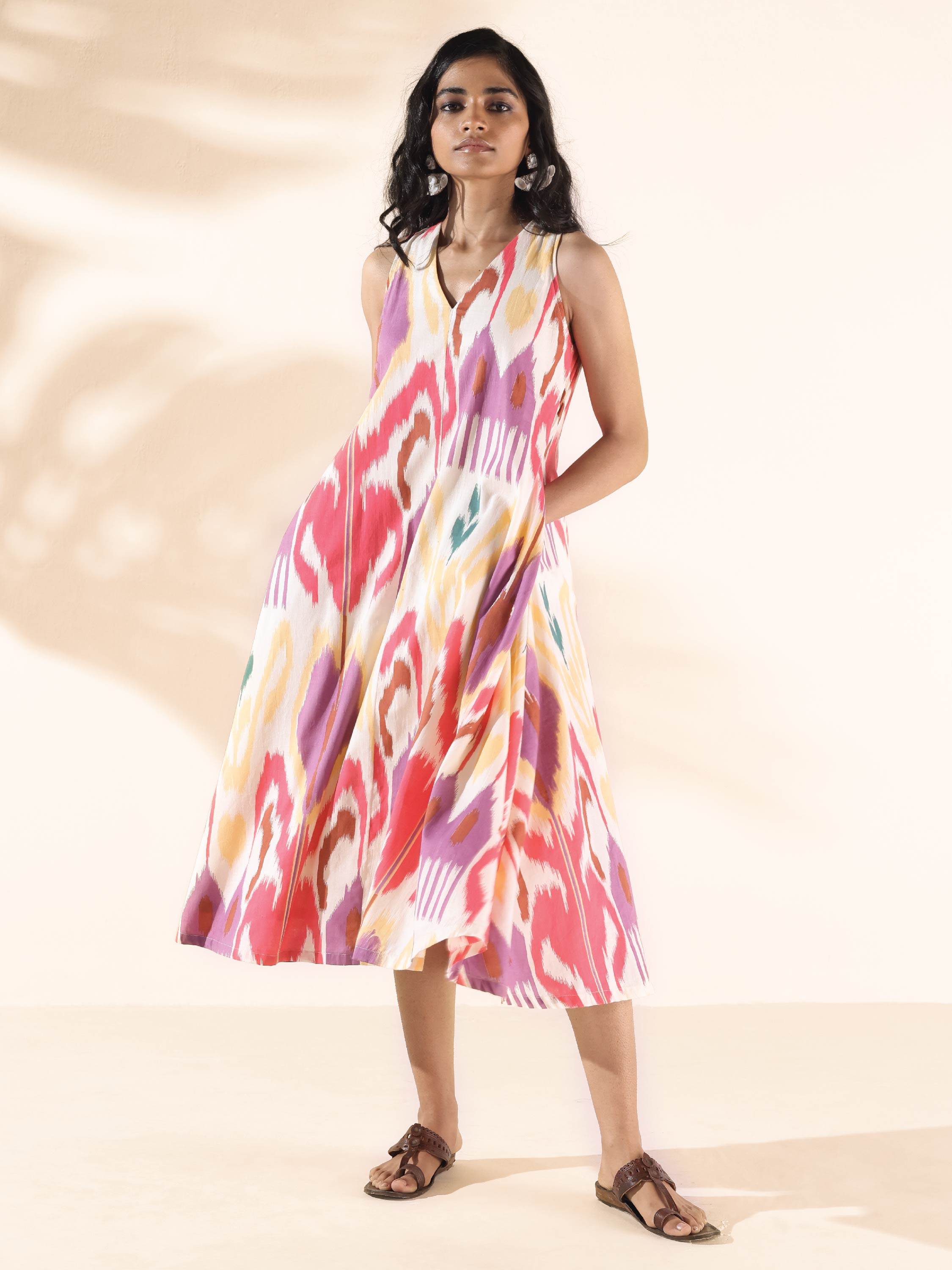 trueBrowns Pink Cotton Ikat Sleeveless Dress - Distacart
