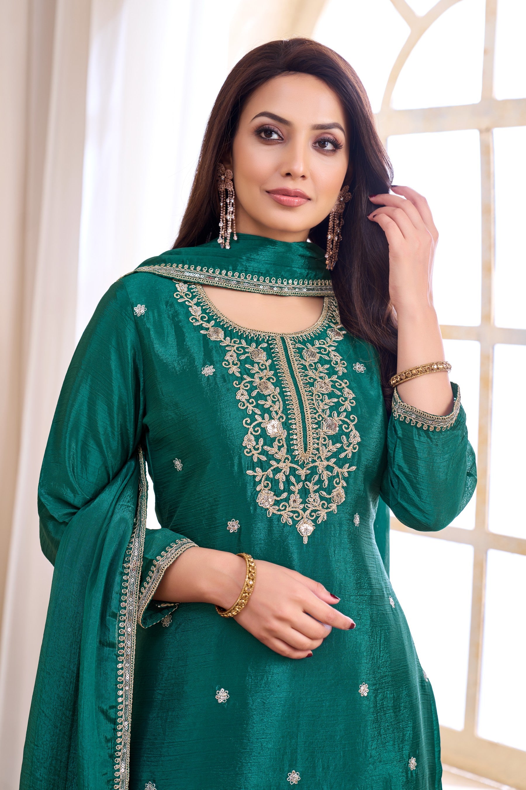 Anaita Teal Chiffon Readymade Suit with Coding Work - Dista