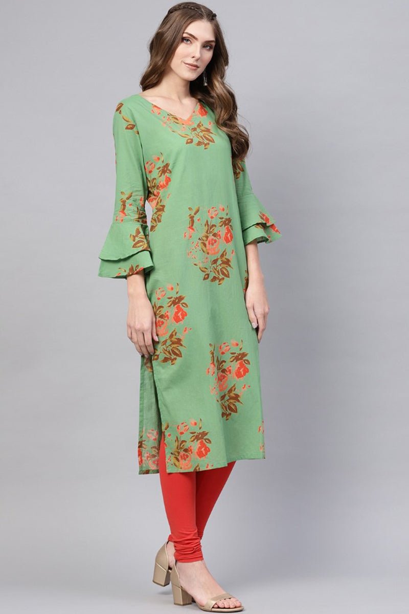 Ahika Regular Wear Cotton Fabric Printed Sea Green Color Simple Kurti - Distacart