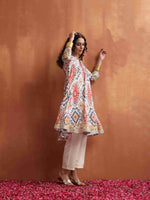 Thumbnail for trueBrowns Off White Ikat Print Anarkali Kurta Co-ord Set
