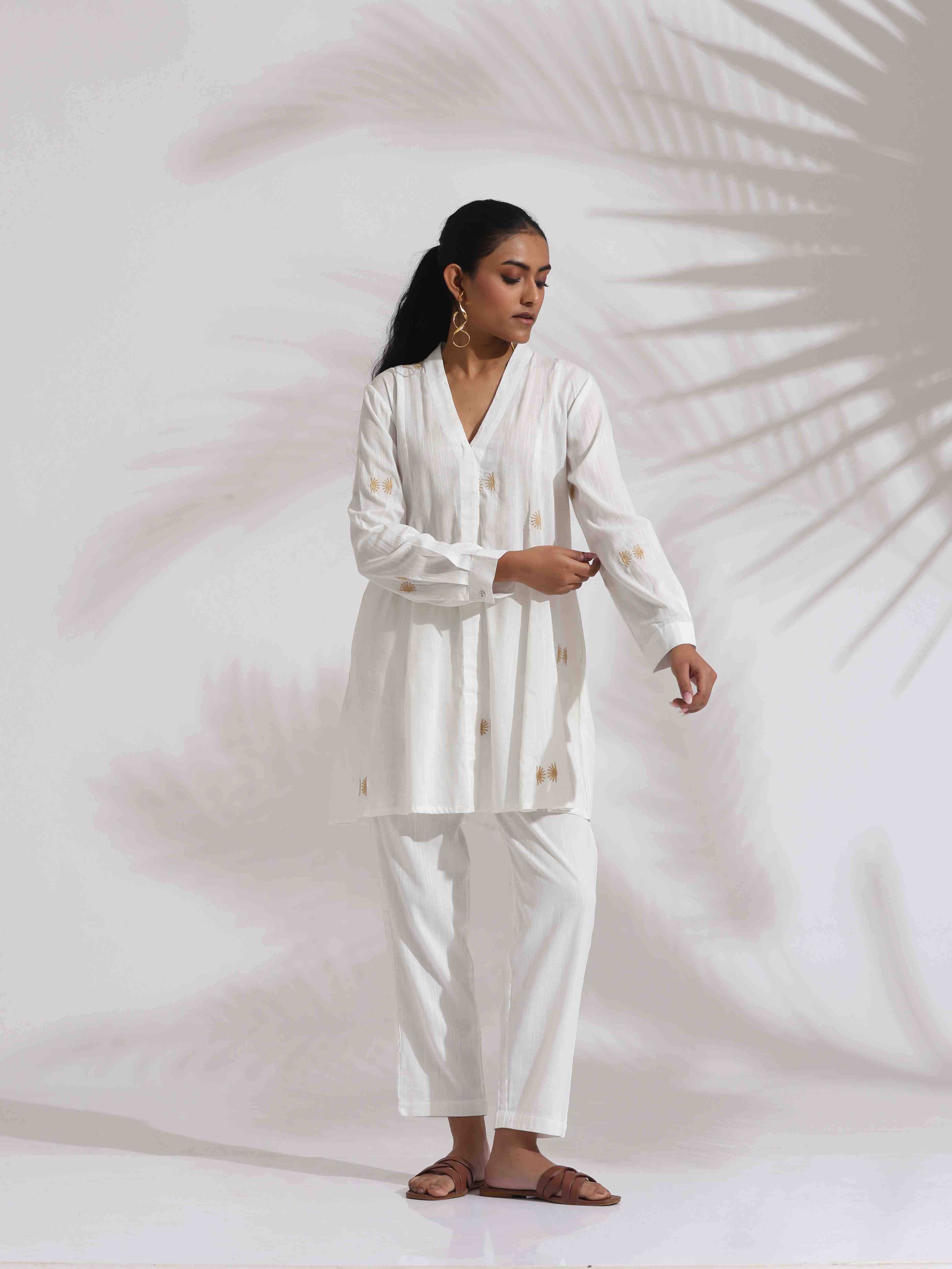 trueBrowns Off-White Cotton Embroidered A-line Co-ord Set - Distacart