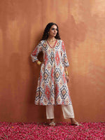 Thumbnail for trueBrowns Off White Ikat Print Kurta Set - Distacart