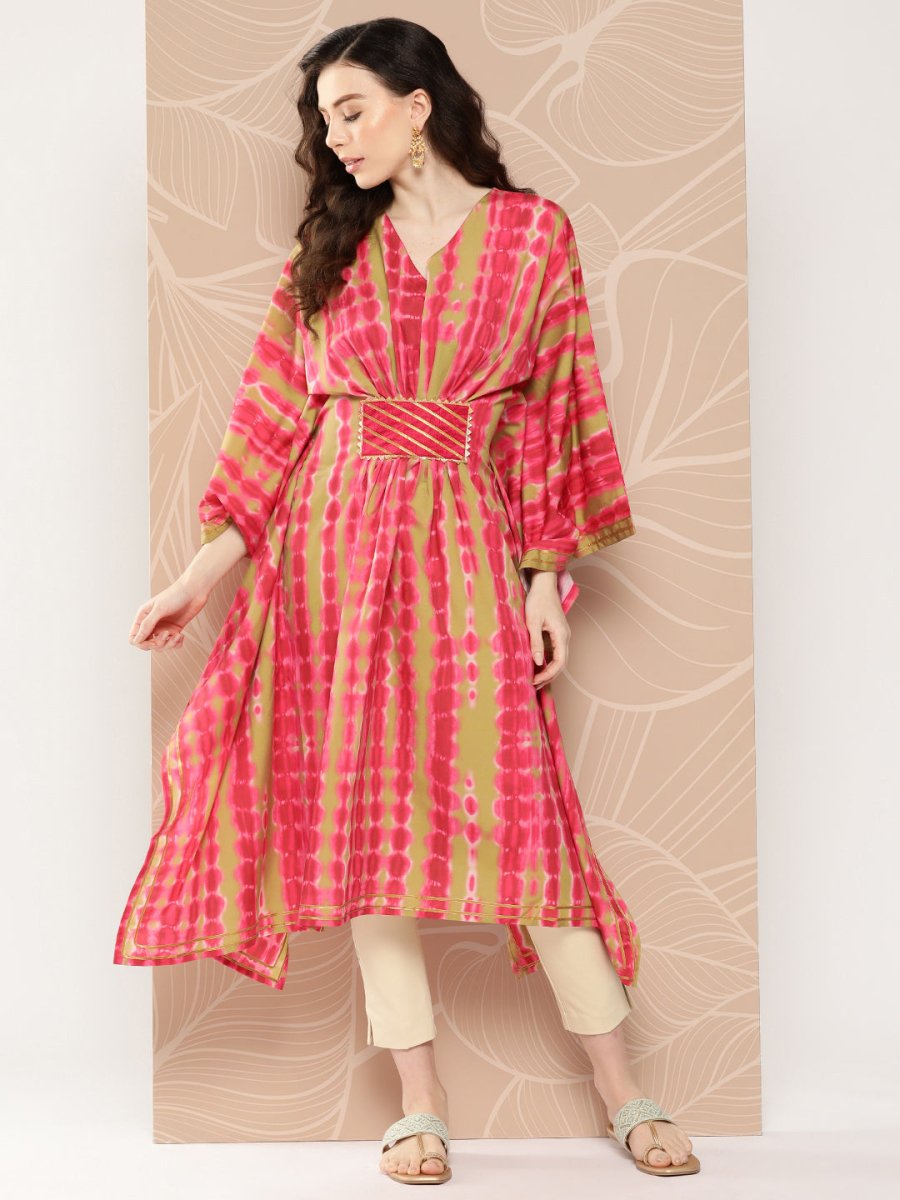 Ahalyaa Women Printed Flared Sleeves Gotta Patti Belted Detail Crepe Kaftan Kurta - Distacart