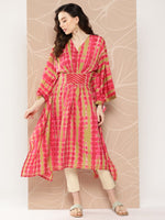 Thumbnail for Ahalyaa Women Printed Flared Sleeves Gotta Patti Belted Detail Crepe Kaftan Kurta - Distacart