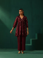 Thumbnail for trueBrowns Wine Diamond Viscose Silk Waist Gathered Co-ord Set - Distacart