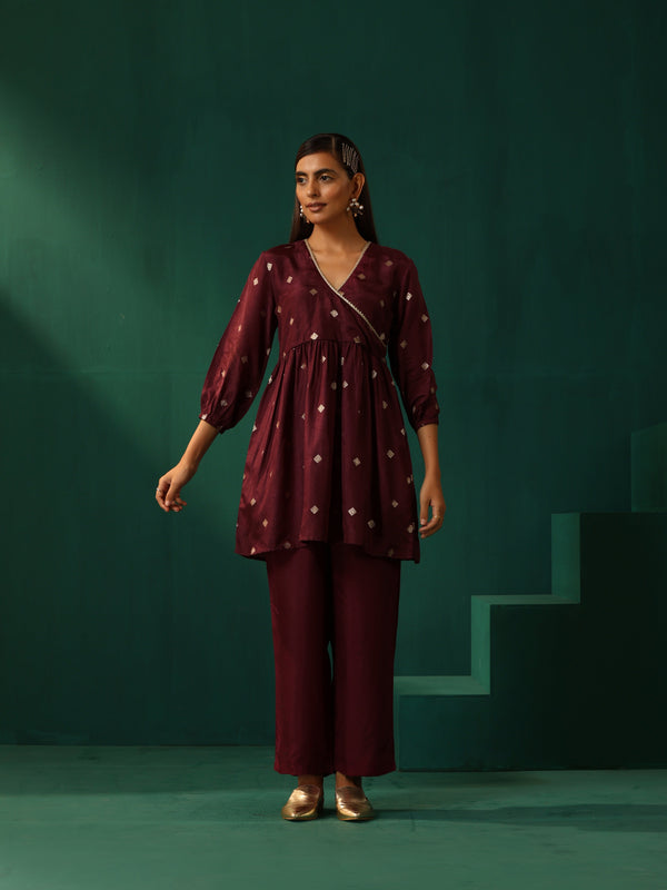 trueBrowns Wine Diamond Viscose Silk Waist Gathered Co-ord Set - Distacart