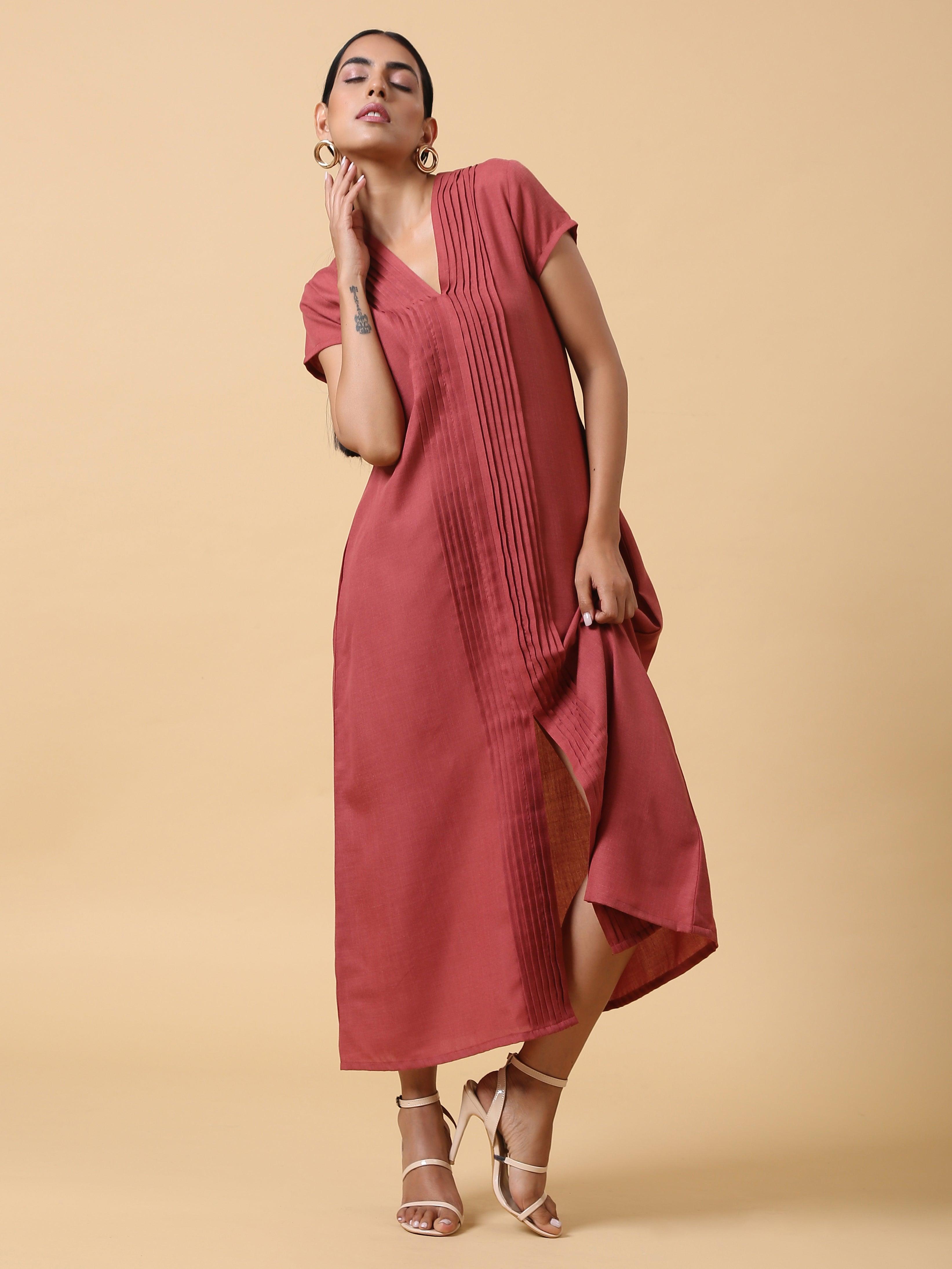 trueBrowns Cotton Linen Rust Red Pleated Dress - Distacart