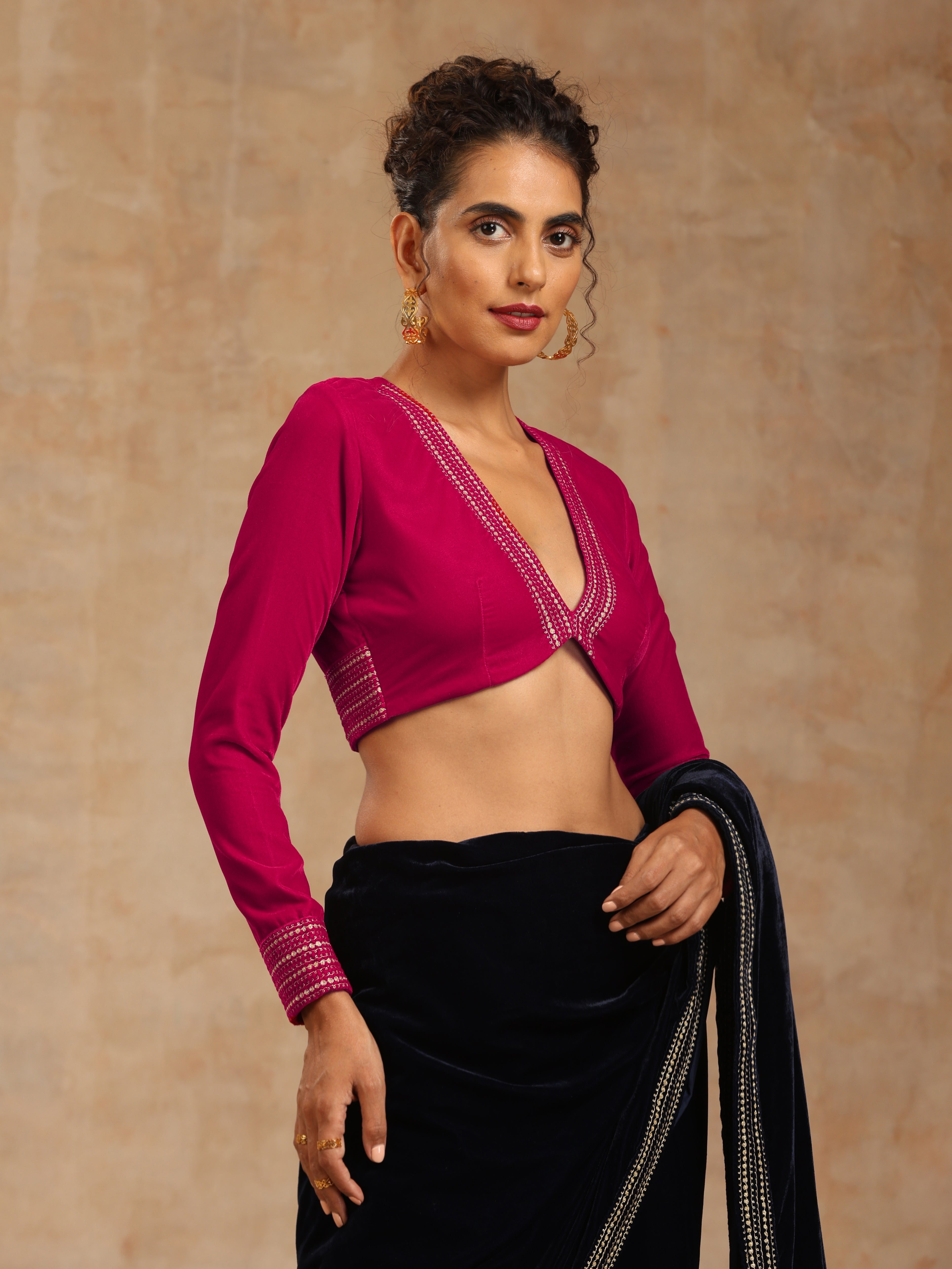 trueBrowns Rani Pink Velvet Embroidered Blouse - Distacart