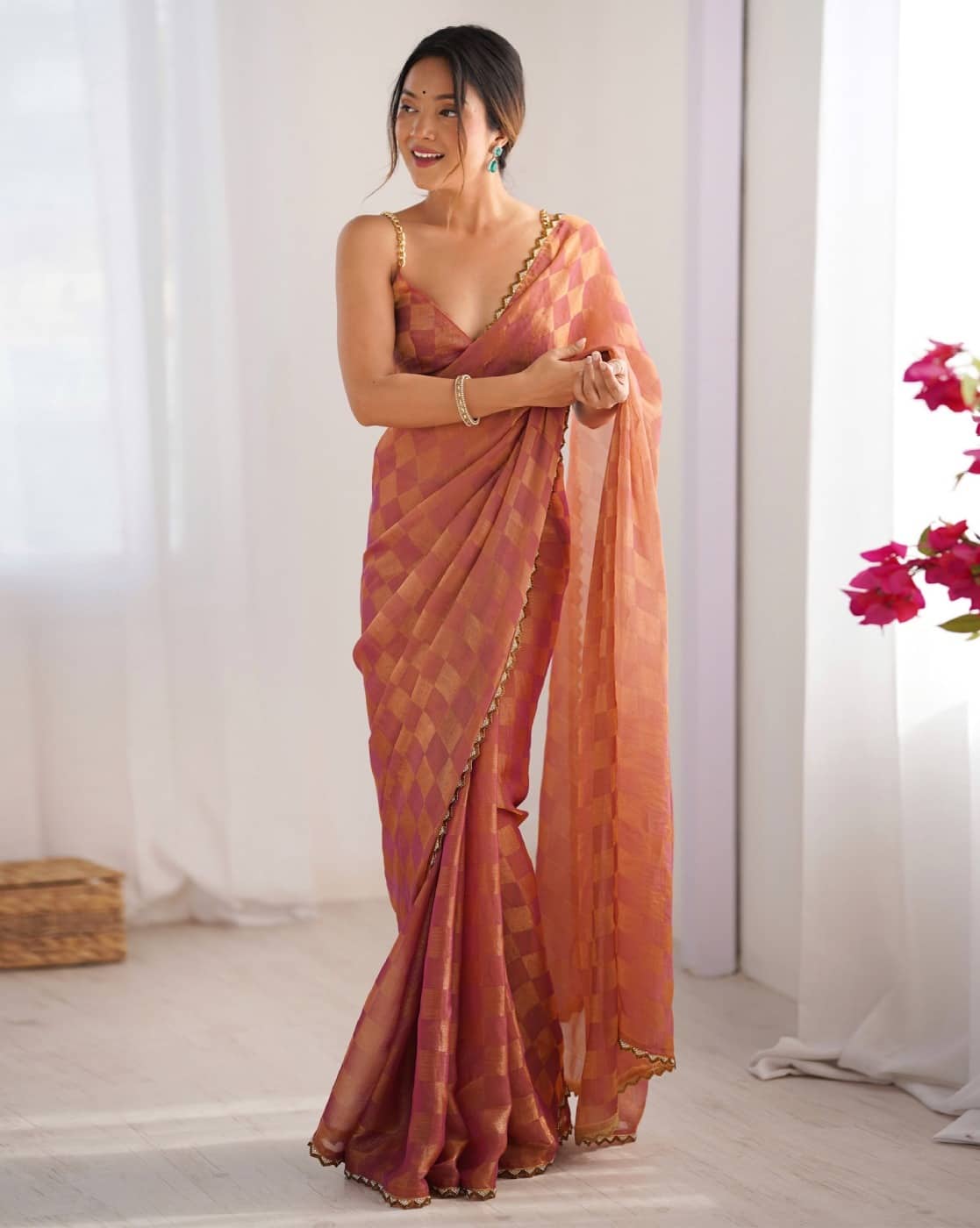 Lorenvalley Fashion Peach NC Chiffon Square with fancy Lace Saree with Blouse