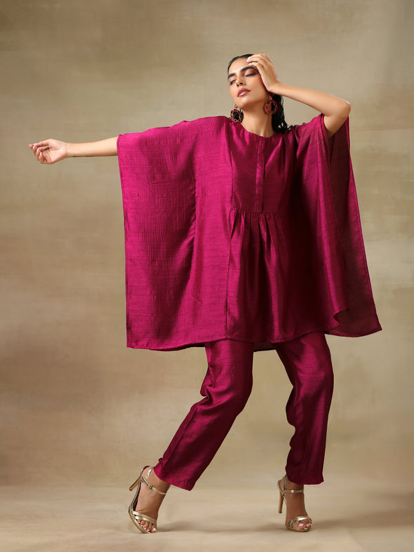 trueBrowns Purple Textured Silk Gathered Kaftan Co-Ord Set - Distacart