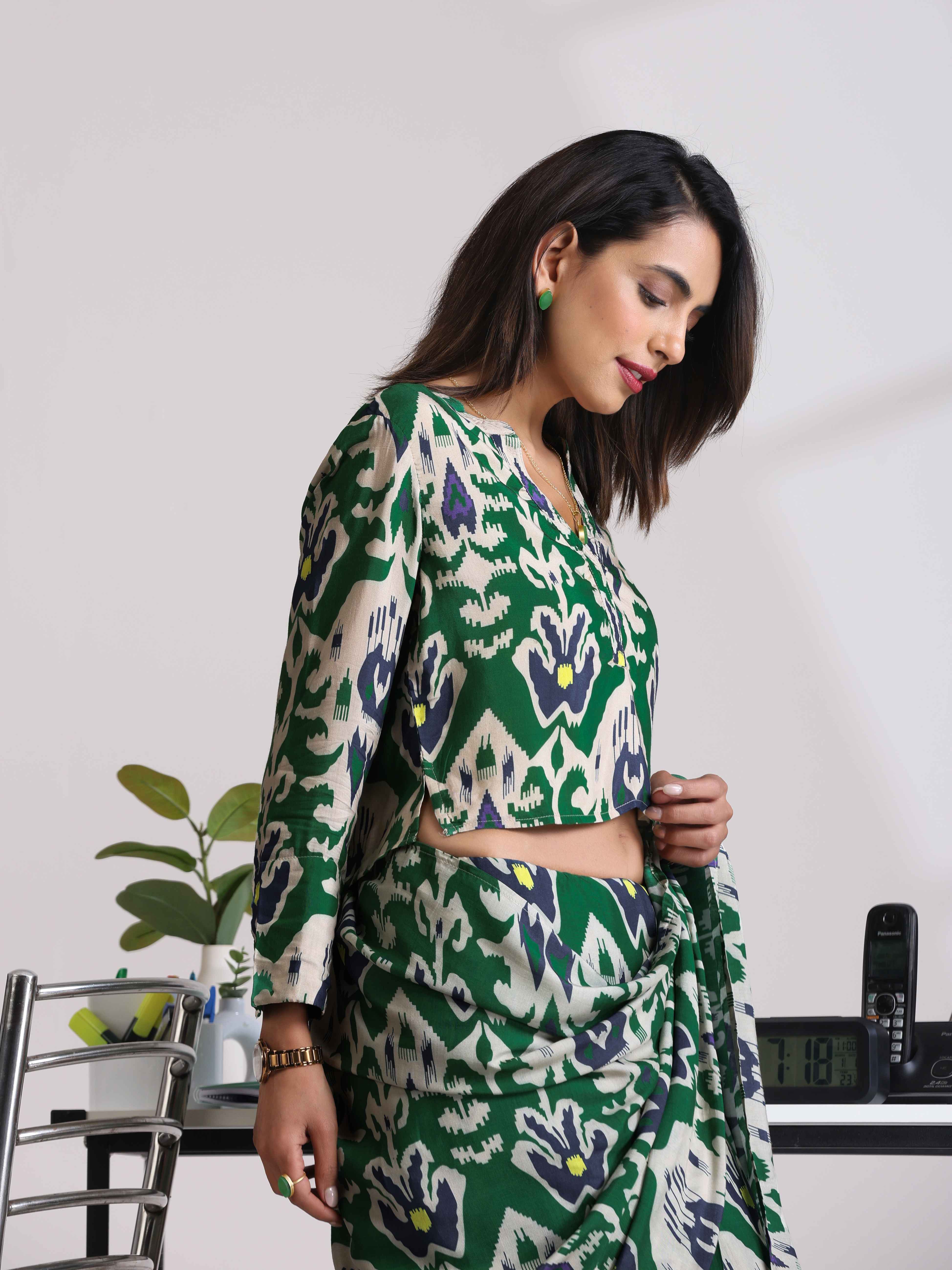 trueBrowns Green Muslin Ikat Shirt Blouse - Distacart