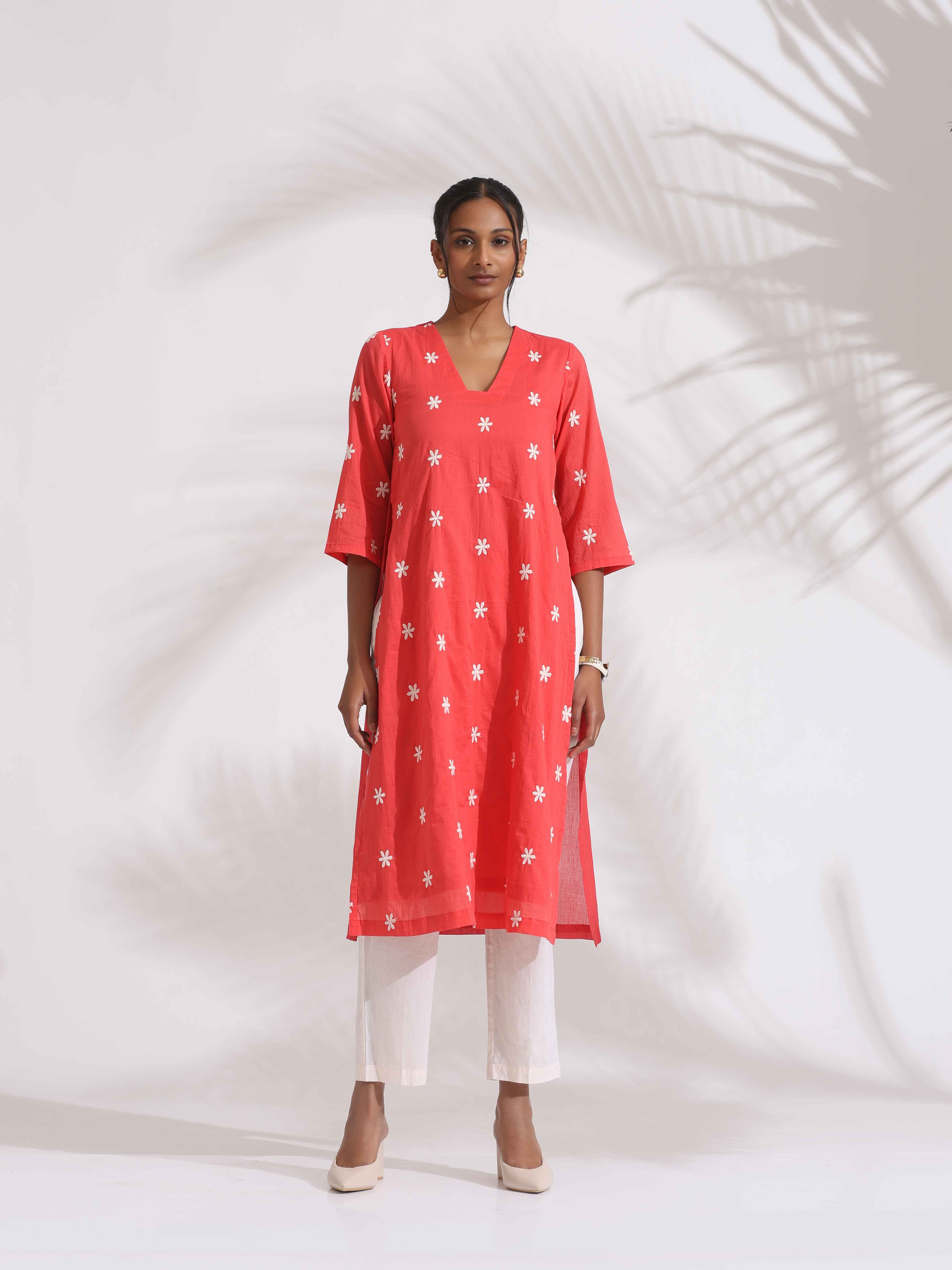 trueBrowns Orange Cotton Floral Embroidered Kurta Set - Distacart