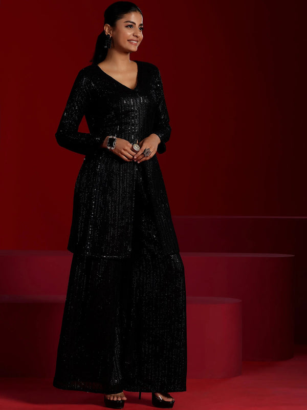 Libas Libas Art Black Embroidered Georgette A-Line Kurta With Palazzos