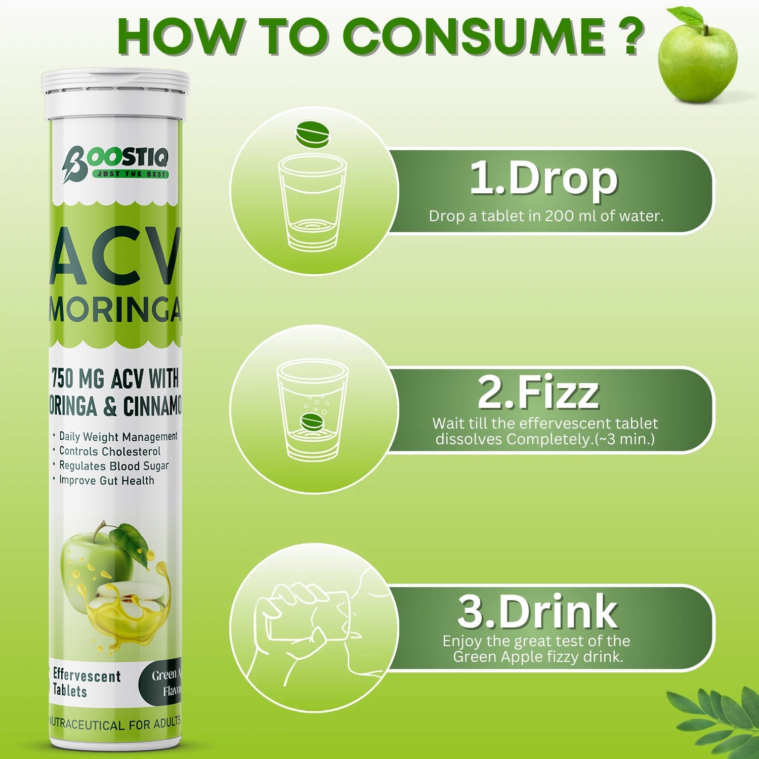 BOOSTIQ Apple Cider Vinegar With Moringa Effervescent Tablets - Green Apple Flavour - Distacart