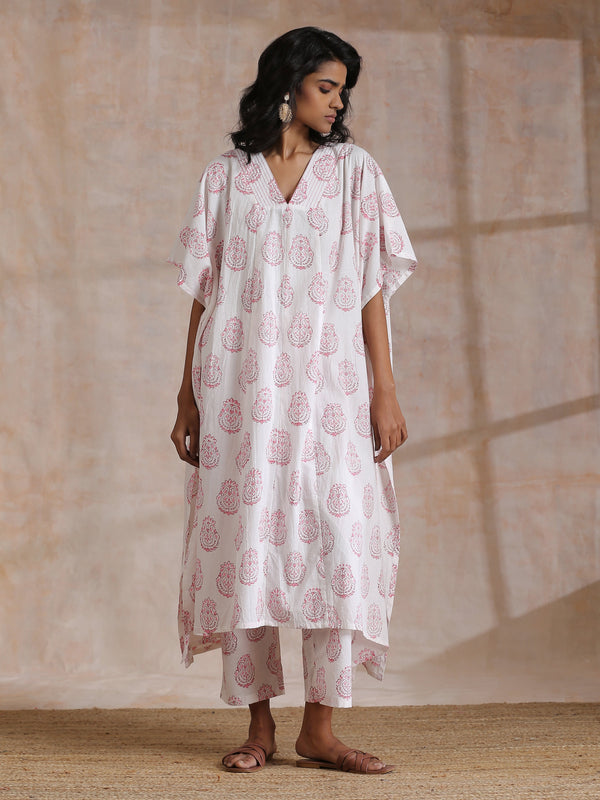 trueBrowns Pink Big Buta On White Print Cotton Panel Kaftan Kurta Pant Set - Distacart