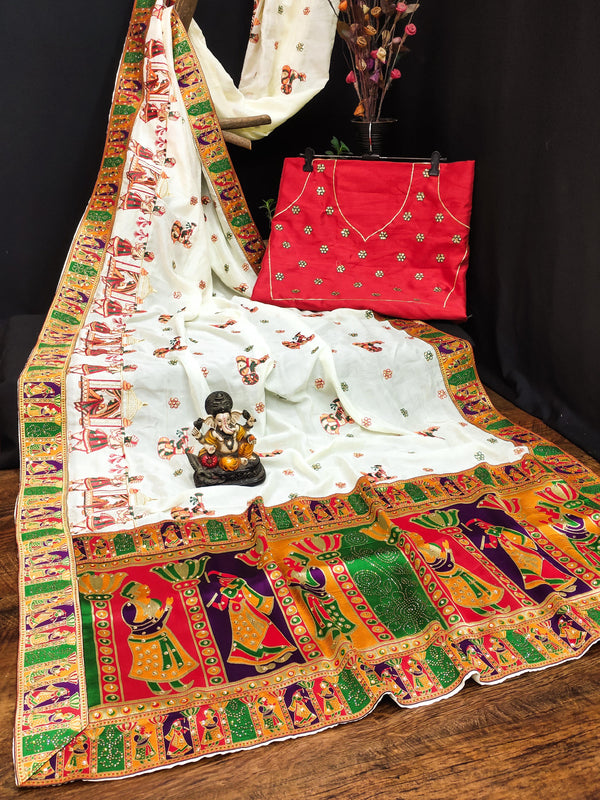 Lorenvalley Fashion Premium White Vichitra Silk Embroidery and Diamond work Both Side Saree - Distacart