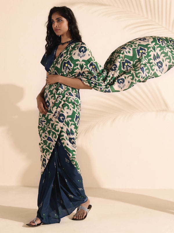 trueBrowns Green Blue Muslin Ikat Saree