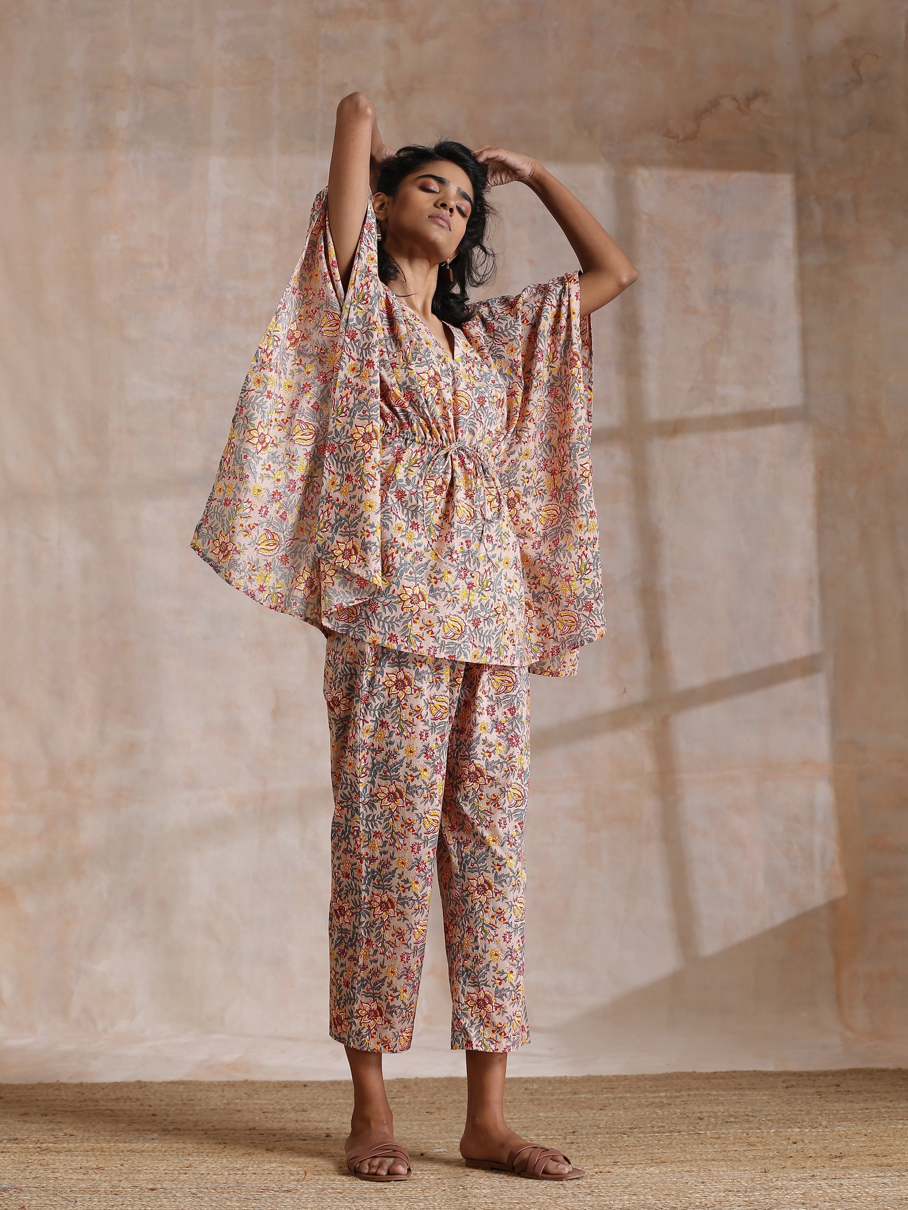 trueBrowns Multicolor Beige Overall Floral Block Print Cotton Kaftan Co-Ord Set - Distacart