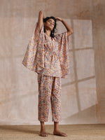Thumbnail for trueBrowns Multicolor Beige Overall Floral Block Print Cotton Kaftan Co-Ord Set - Distacart