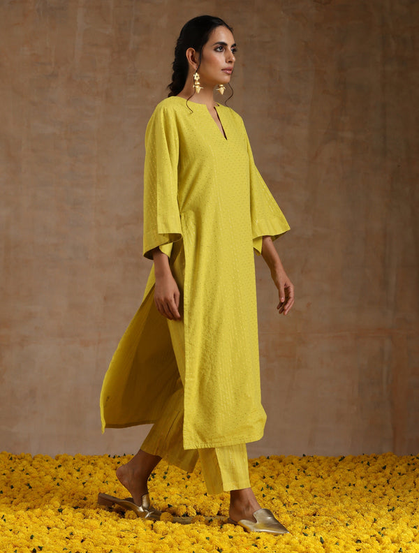 trueBrowns Lime Gold Cotton Relax High Slit Kurta Set - Distacart
