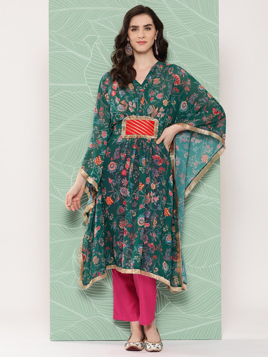 Ahalyaa Women Floral Printed Flared Sleeves Patchwork Georgette Kaftan Kurta - Distacart