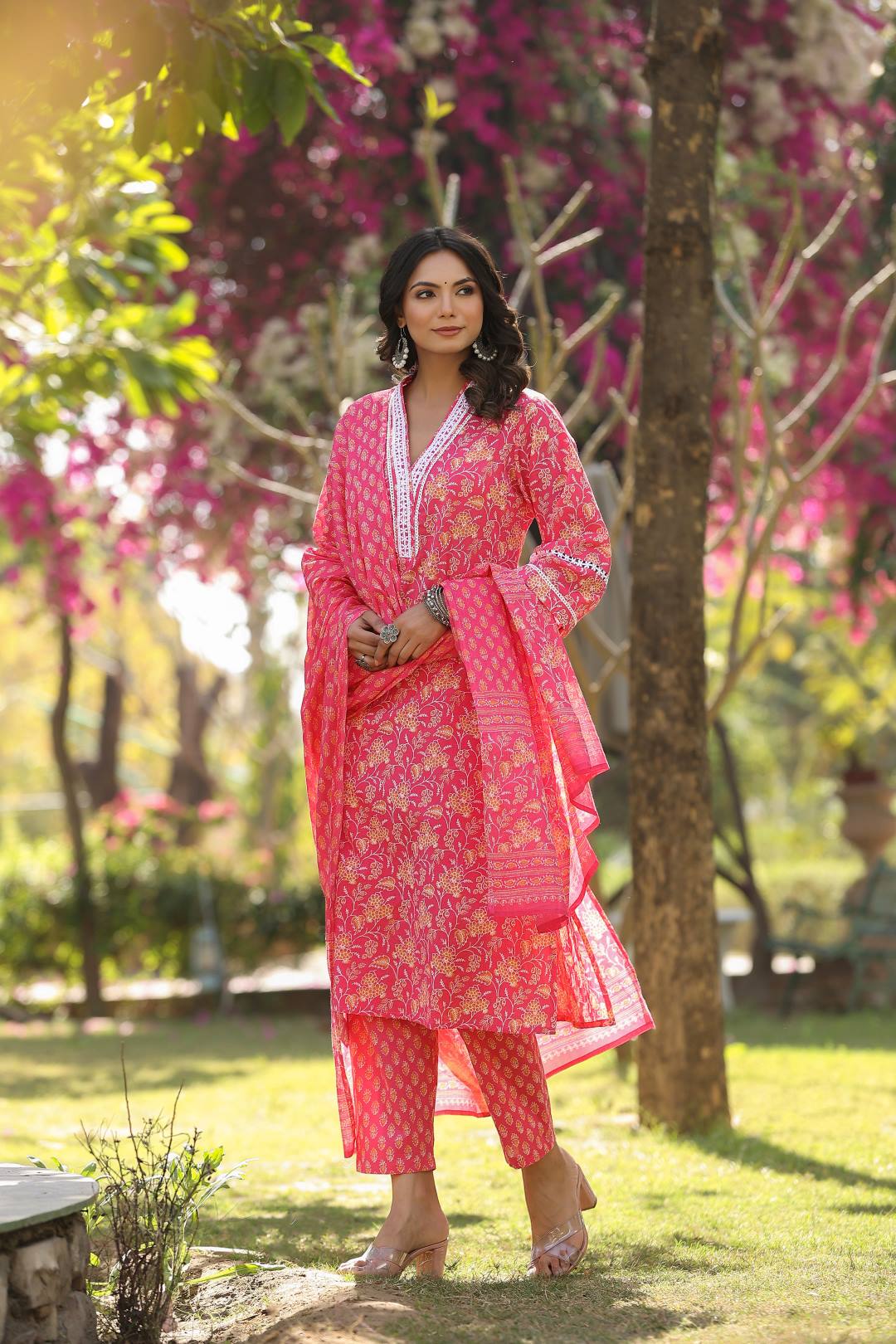 Varanga Women Pink V Neck Crochet Lace Detailed Kurta With Printed Bottom And Dupatta - Distacart