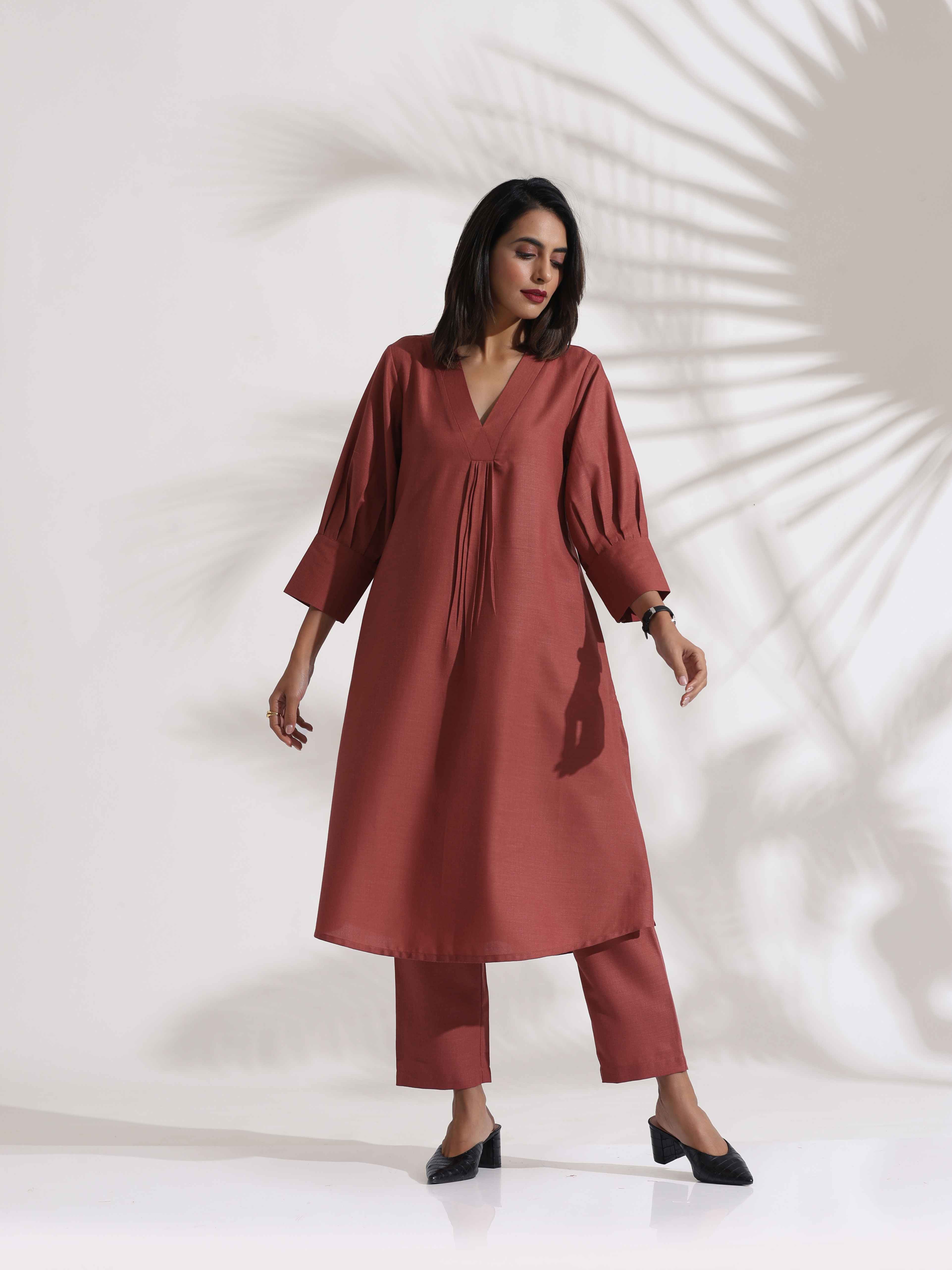 trueBrowns Pink Slub Kurta Set - Distacart