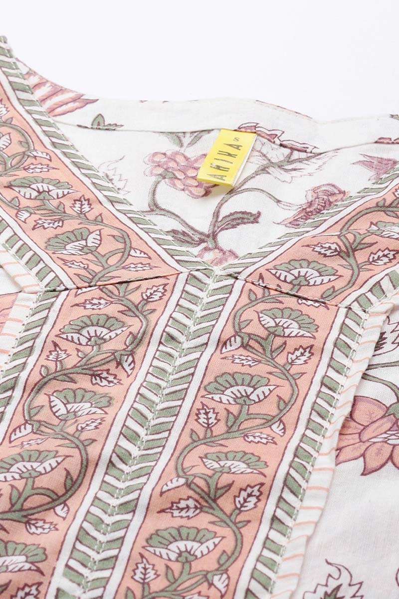 Ahika White Cotton Floral Printed Straight Suit Set vkskd1123