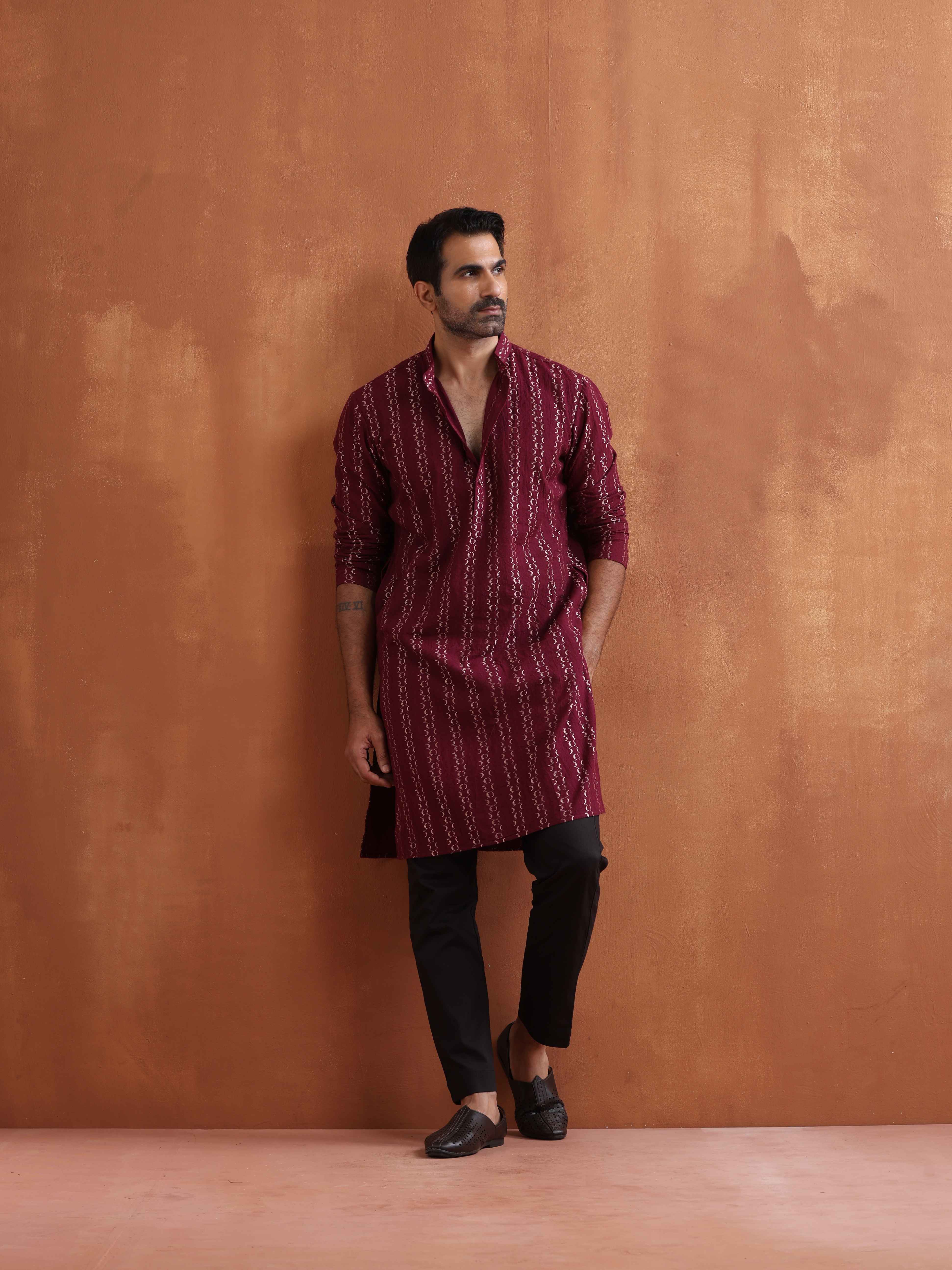 trueBrowns Men's Dark Purple Cotton Dobby Kurta - Distacart