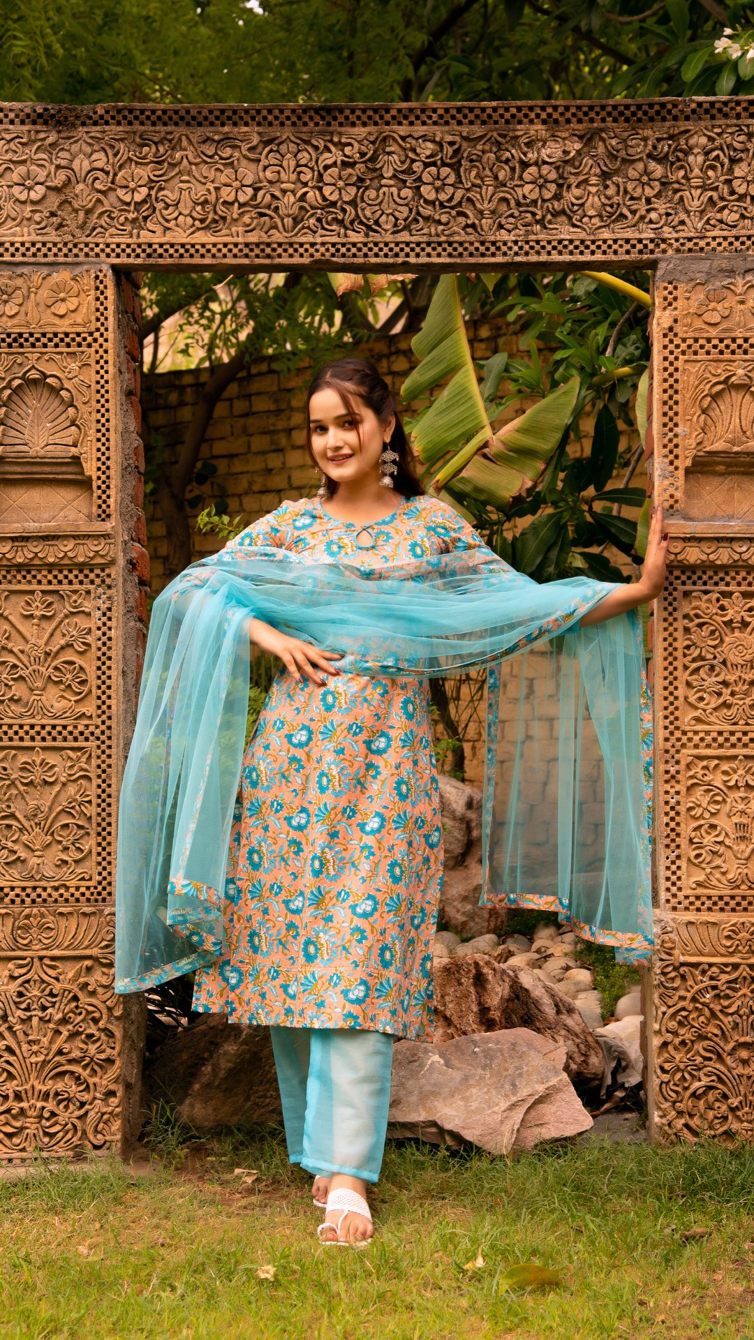Pomcha Jaipur Gaurangi Blue Peach Phool Jaal Suit Set - Distacart