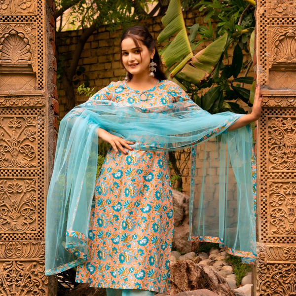 Pomcha Jaipur Gaurangi Blue Peach Phool Jaal Suit Set - Distacart