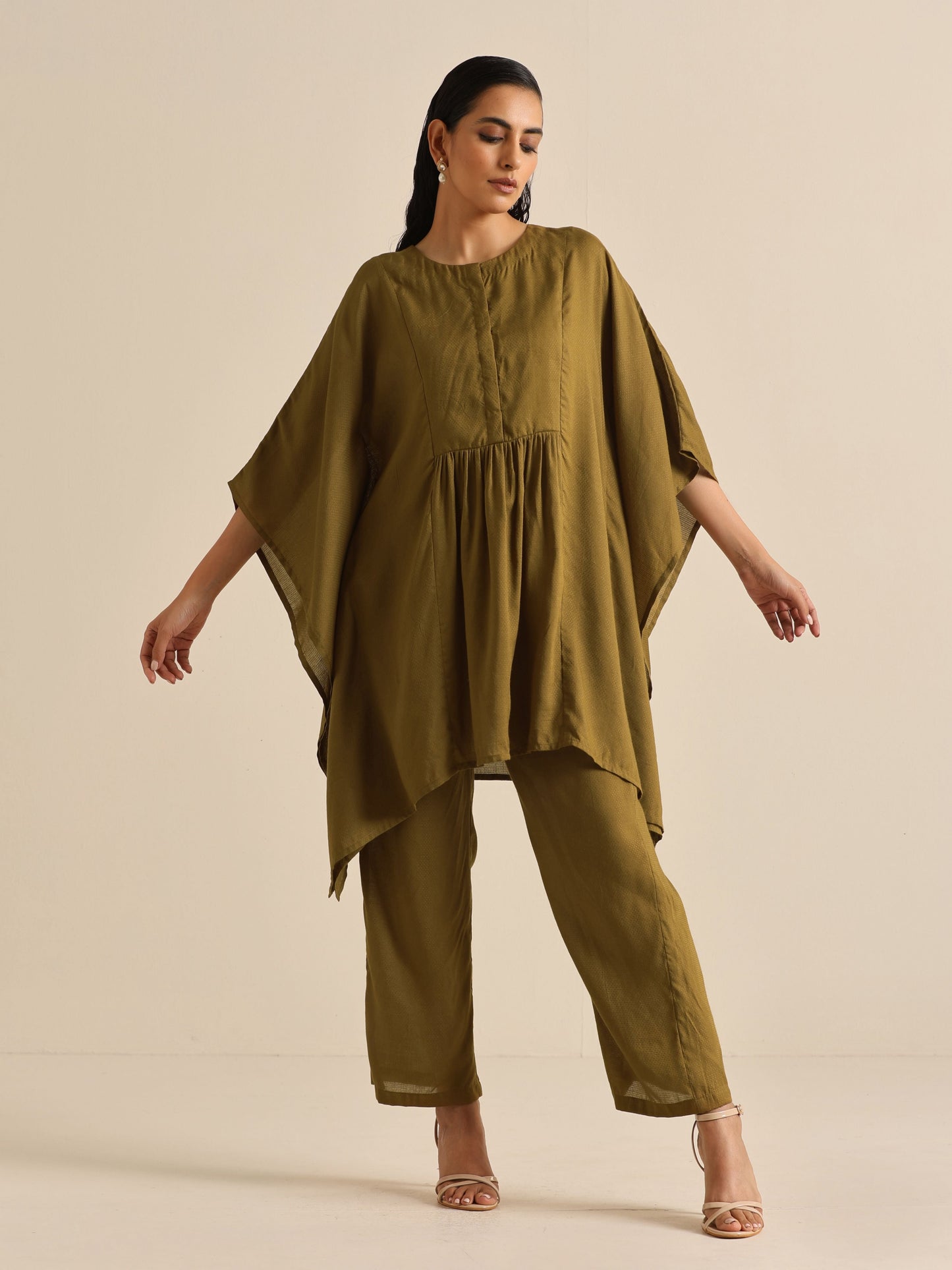 trueBrowns Olive Green Texture Doddy Kaftan Gathered Co-Ord Set - Distacart