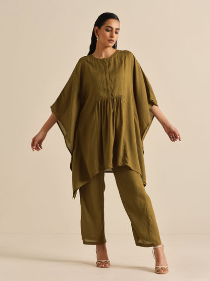trueBrowns Olive Green Texture Doddy Kaftan Gathered Co-Ord Set - Distacart