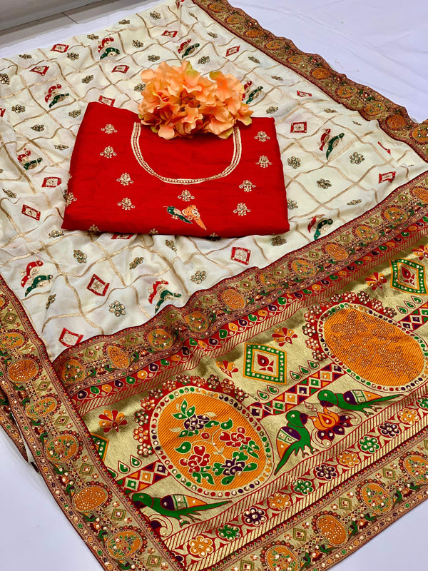 Lorenvalley Fashion Premium White Vichitra Silk Embroidery and Diamond work Both Side Saree - Distacart