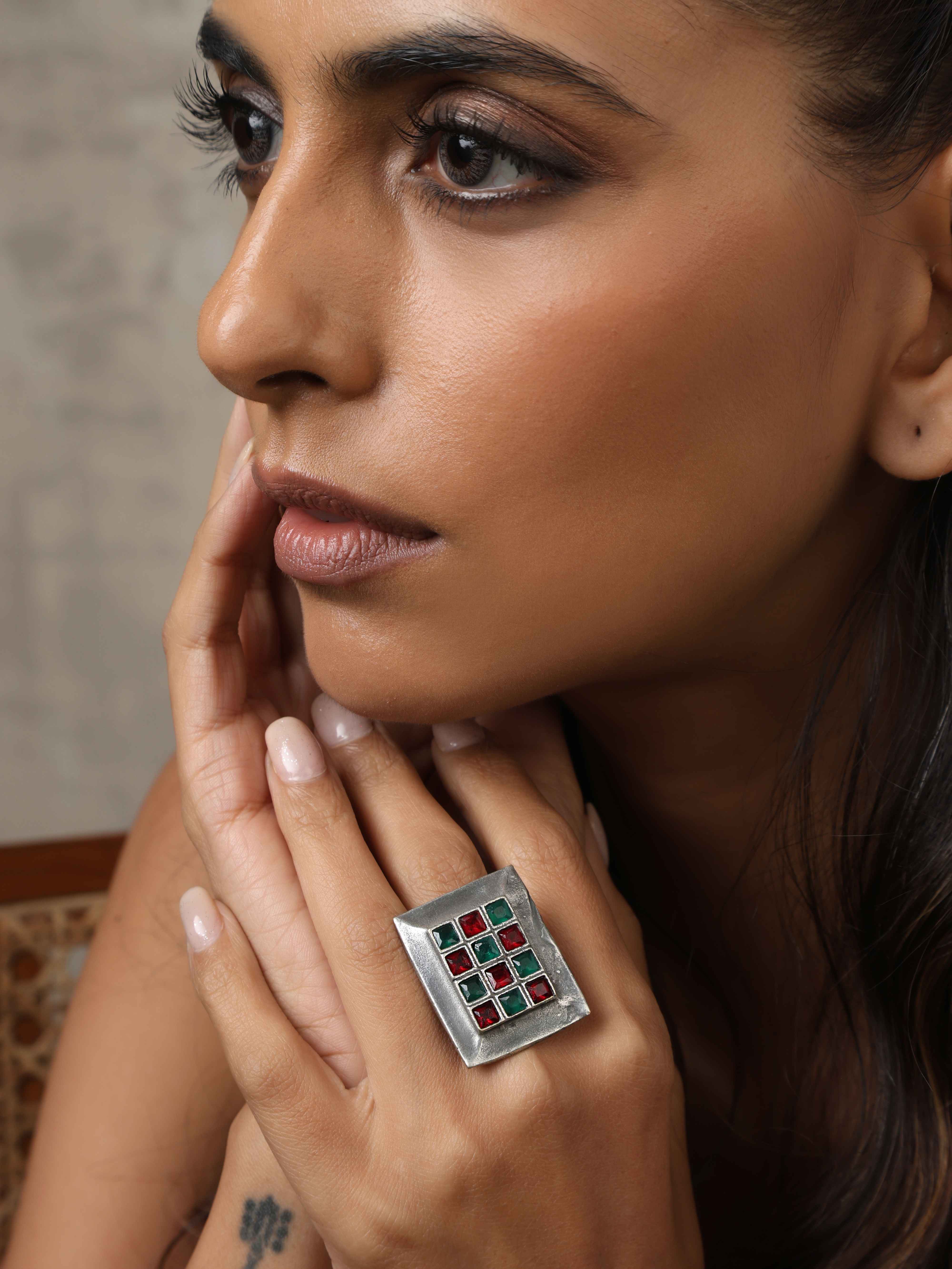 trueBrowns Silver Tone Rectangular Stone Ring - Distacart