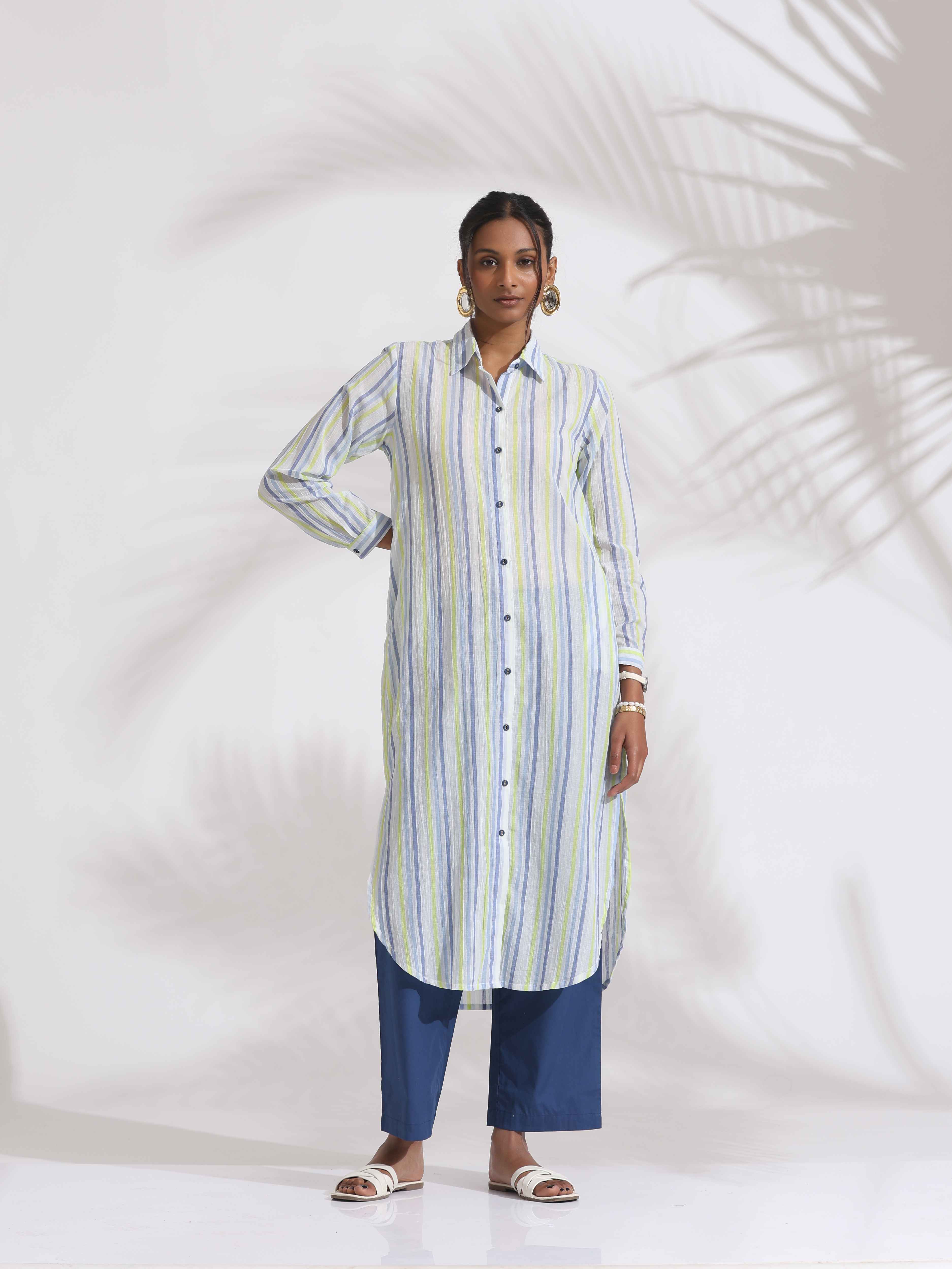 trueBrowns White Cotton Multi Stripe Shirt Kurta Set - Distacart