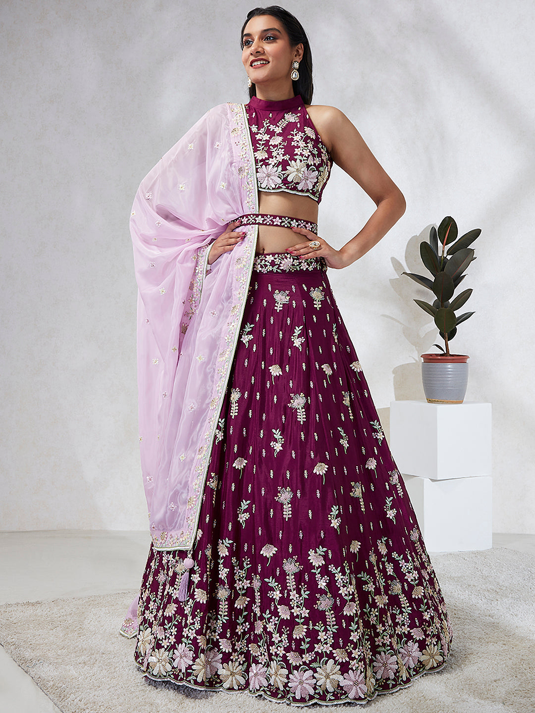 House of Panchhi Burgundy Pure Georgette Sequins And Thread Embroidery Lehenga Choli & Dupatta - Distacart