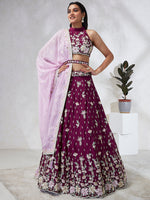 Thumbnail for House of Panchhi Burgundy Pure Georgette Sequins And Thread Embroidery Lehenga Choli & Dupatta - Distacart