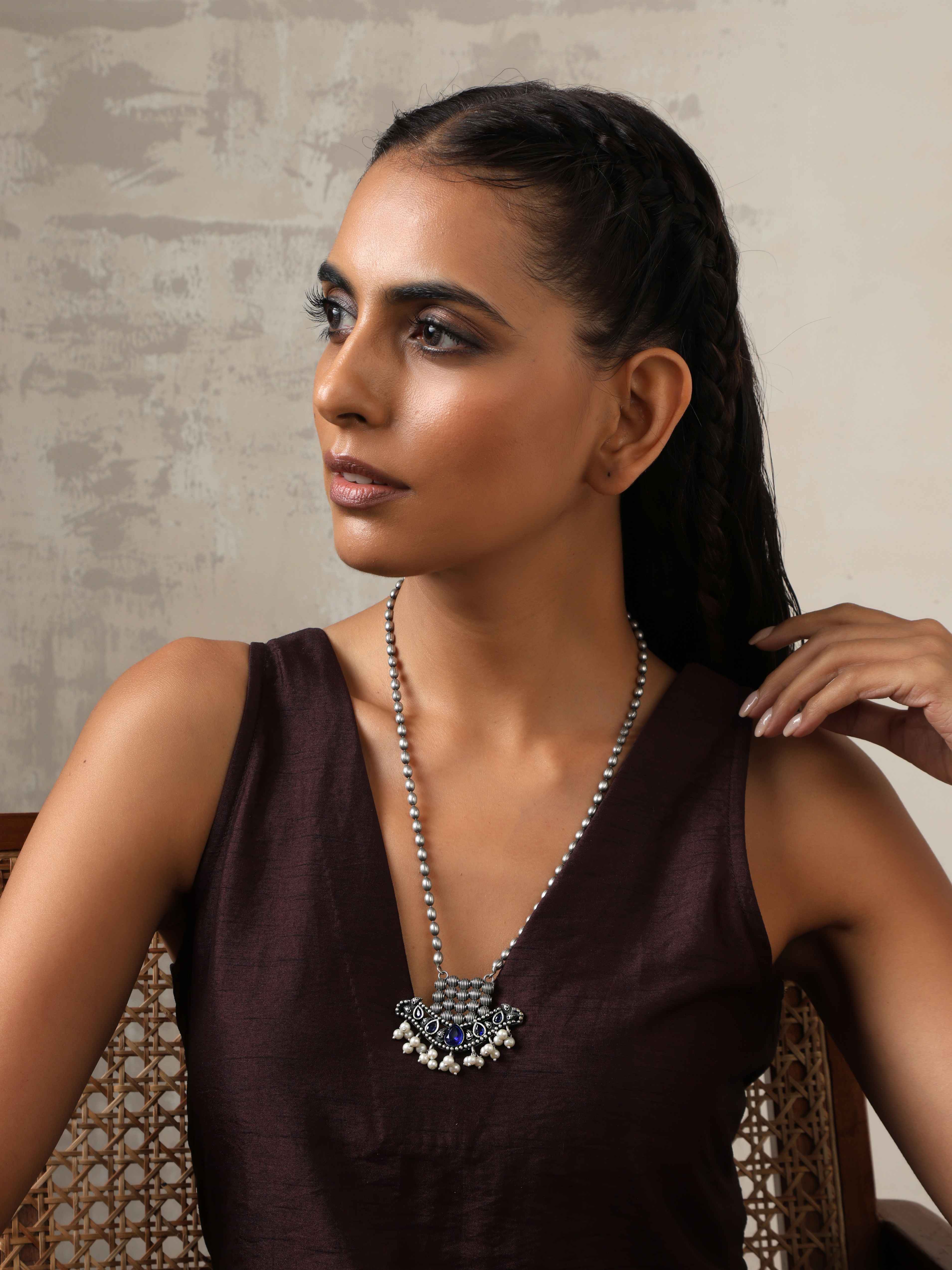 trueBrowns Silver Tone Blue Stone Pendant Chain - Distacart