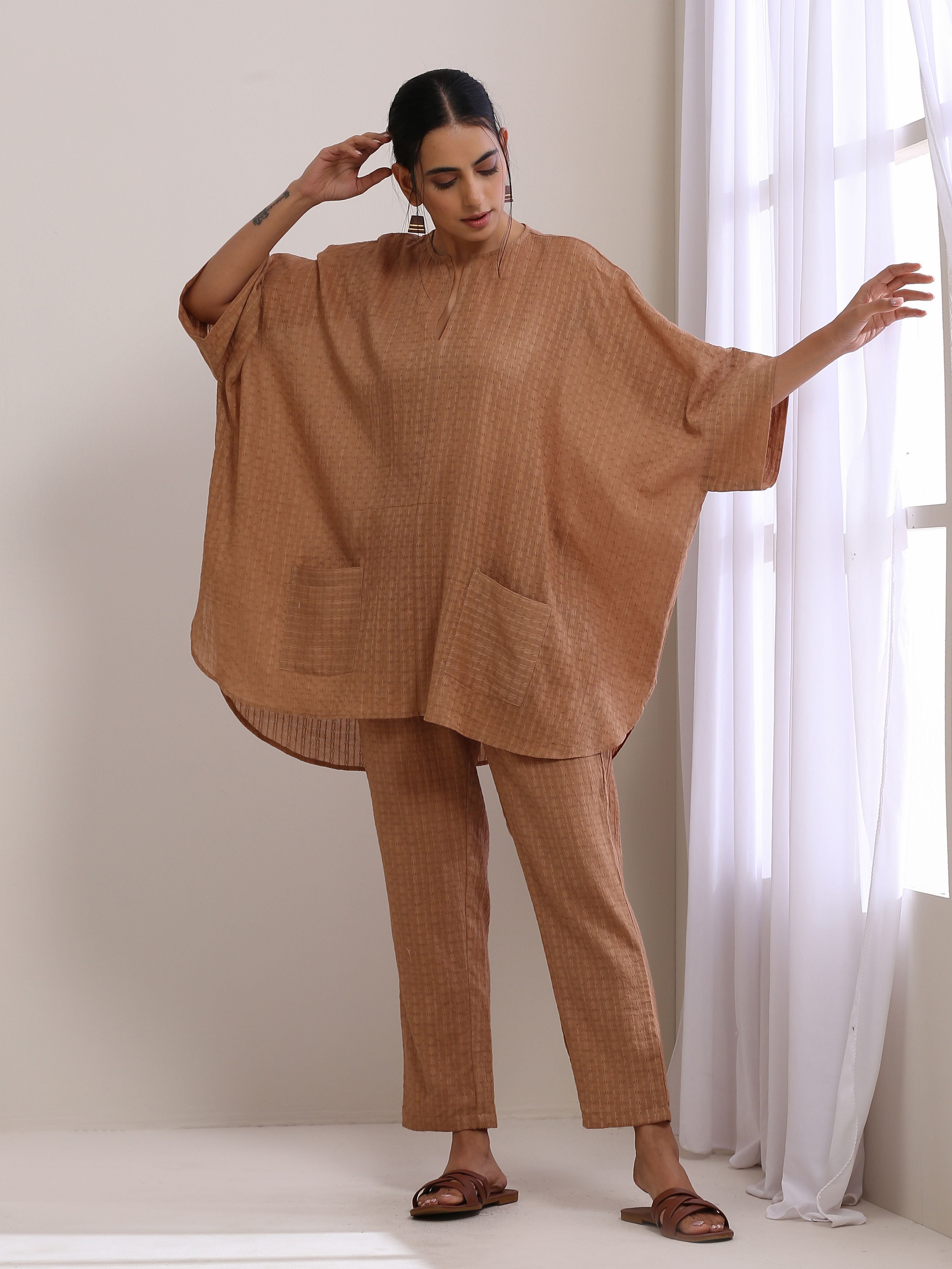 trueBrowns Beige Dobby Boxy Fit High-Low Co-Ord Set - Distacart