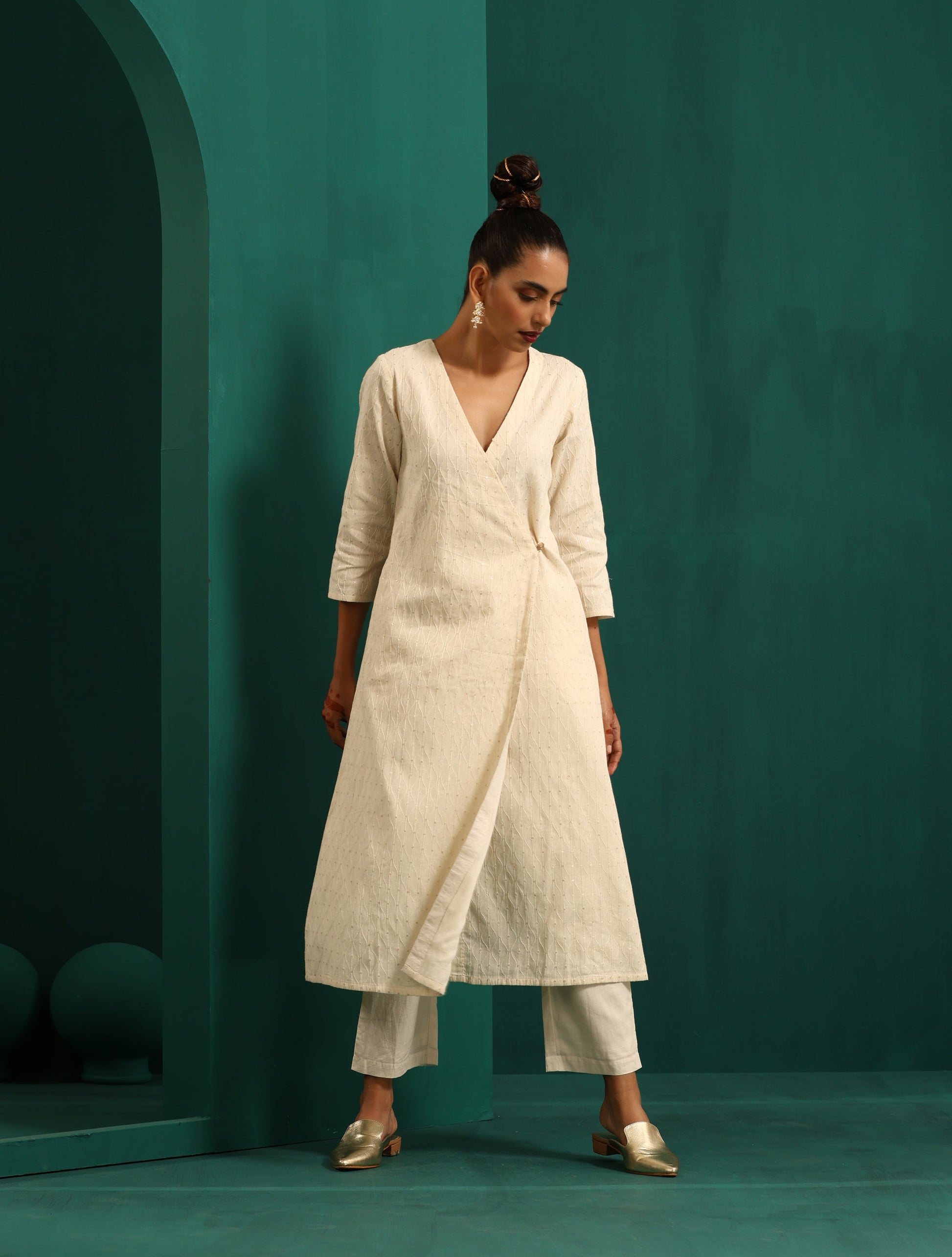 trueBrowns Ivory Tonal Cotton Angrakha Kurta Pant Set - Distacart