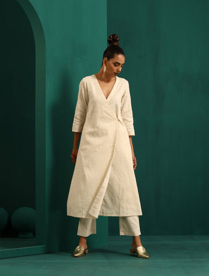 trueBrowns Ivory Tonal Cotton Angrakha Kurta Pant Set - Distacart
