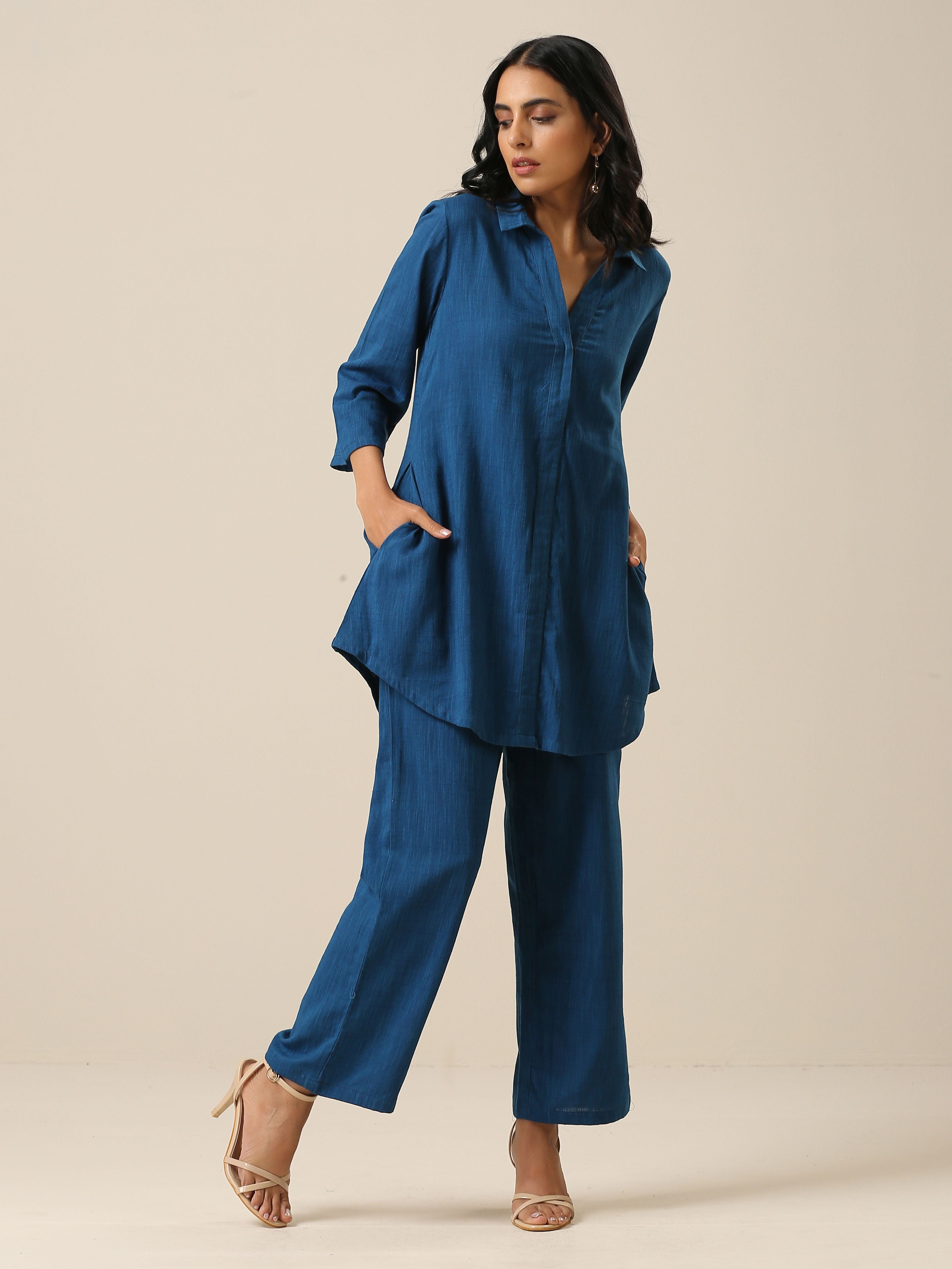 trueBrowns Classic Blue Slub Texture Collar Short Co-Ord Set - Distacart