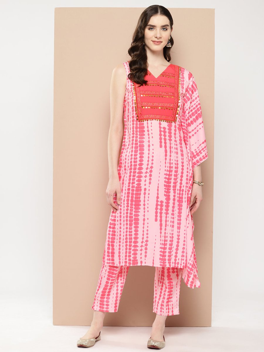 Ahalyaa Printed One-Shoulder Flared Sleeve Sequinned Kurta with Trousers - Distacart