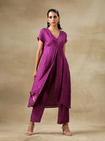 Thumbnail for trueBrowns Purple Bandhani Printed Silk Drop Shoulder Kurta Pant Set - Distacart
