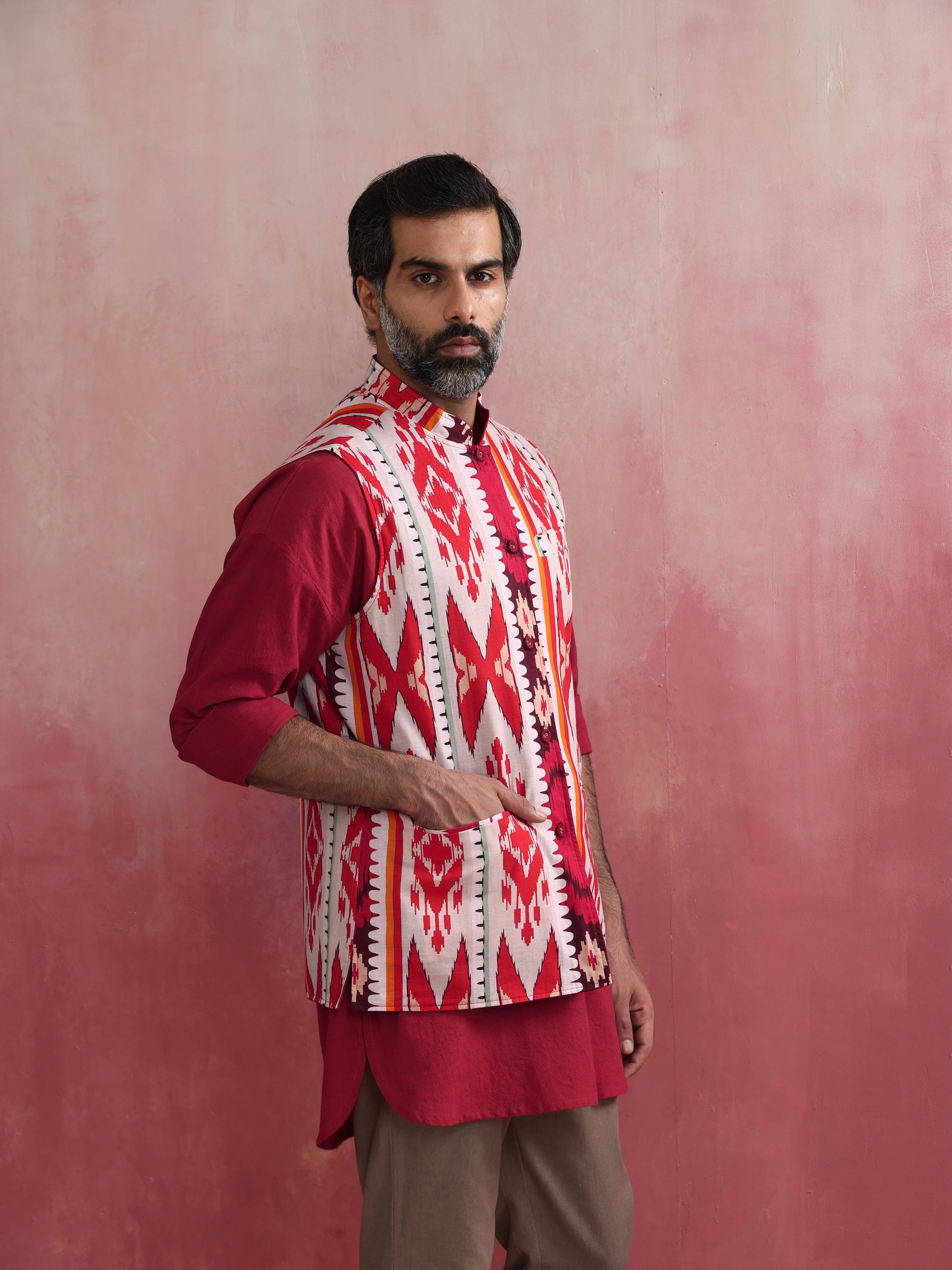 trueBrowns Men's Maroon Ikat Print Cotton Reversible Nehru Jacket - Distacart