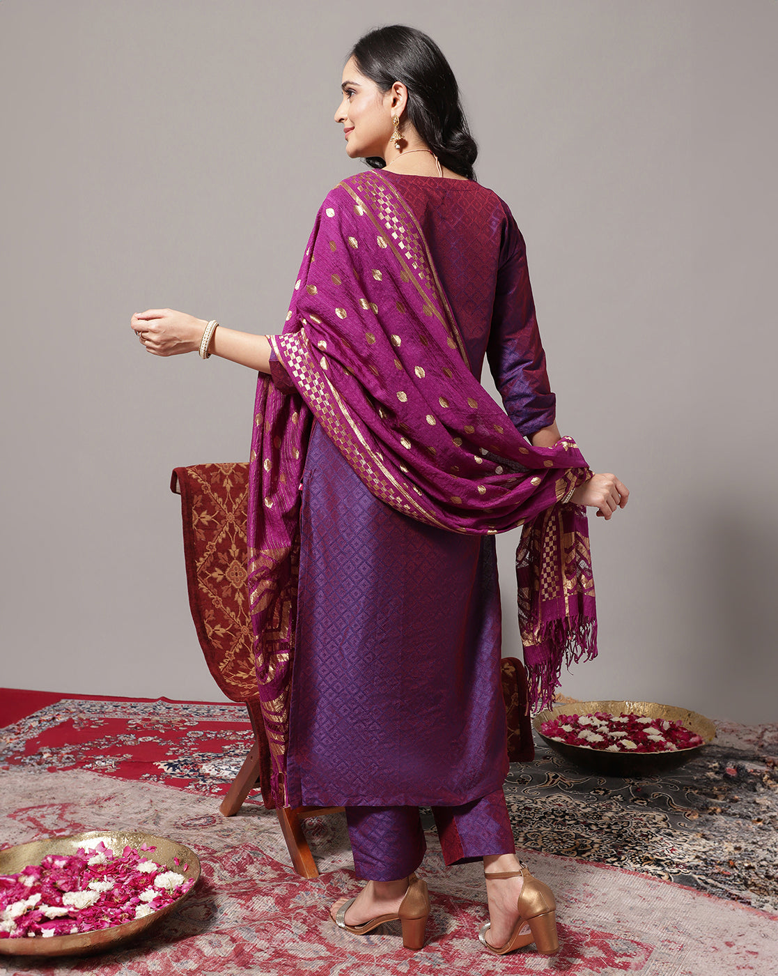 Varanga Women Voilet Zari Embroidered Kurta With Three Quater Sleeves Paired With Tonal Bottom And Dupatta - Distacart